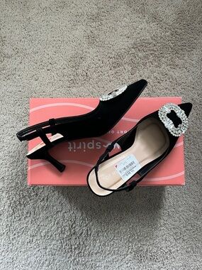 TOP Moda Black Pointed Slingback Kitten Heels with Crystal Buckle